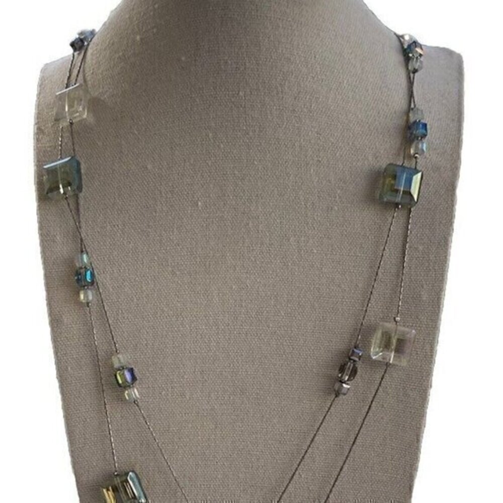 Vintage Ali Khan NY Signed Blue Clear Glass Crystal Tone Chain Sz 49” Necklace